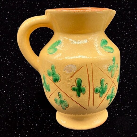 Redware Pottery Pitcher Vase with Shamrock Hand Painted 6”T 3.5”W - Picture 1 of 9
